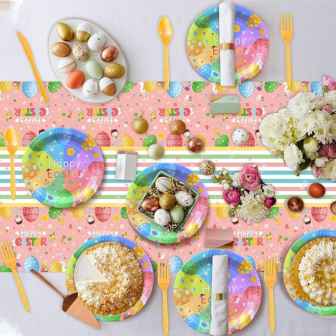 Easter Party Supplies Set - Disposable Easter Plates and Napkins Kit for 10 Guests, Includes Dinner & Dessert Plates, Cups, Cutlery, Napkins, Banner, Tablecloth for Easter Dinner, Spring Party