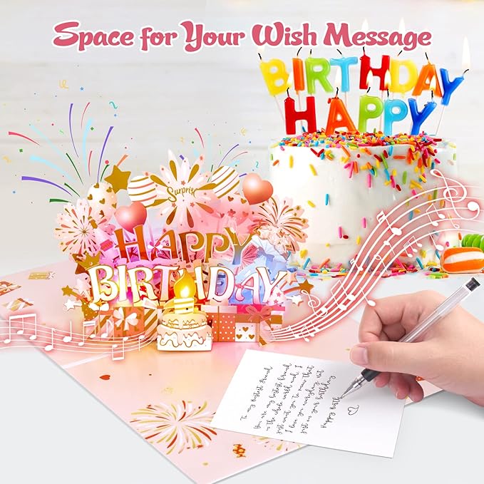INPHER Birthday Cards for Women Pop Up Happy Birthday Card Blowable LED Candle Light and Music Birthday Gifts for Women Mom Wife Grandma Rose Gold
