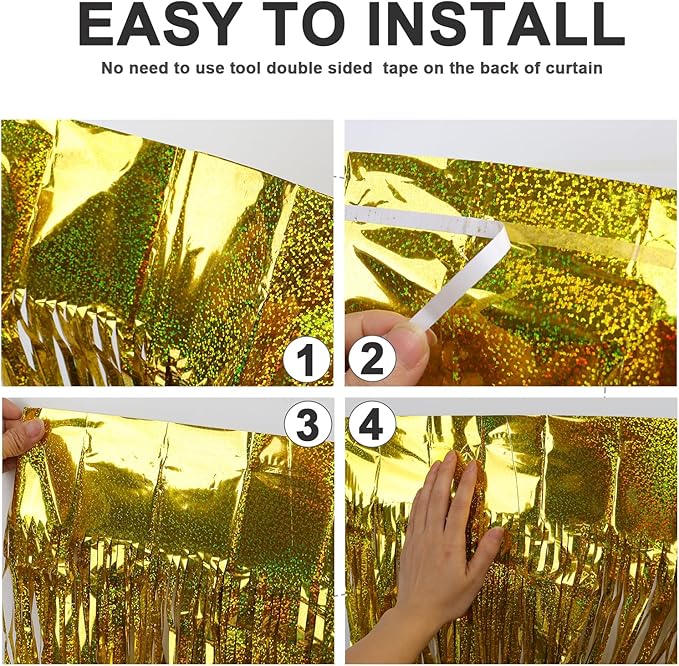 Christmas Gold Backdrops Curtains Party Decorations, Tinsel Streamers for Birthday Decorations, Metallic Photo Booth Props for Wedding, 4Pack 3.28X6.56Ft