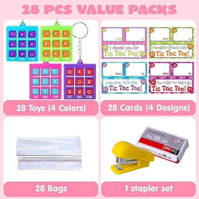 JOYIN 28 Pcs Valentine's Day Tic-tac-Toe Keychains with Bags & Tags, Plastic Tic Tac Toe Game Favors with 4 Colors, Valentines Day Gifts Card for Kids Boys Girls Classroom Prize Goodie Bag Stuffers