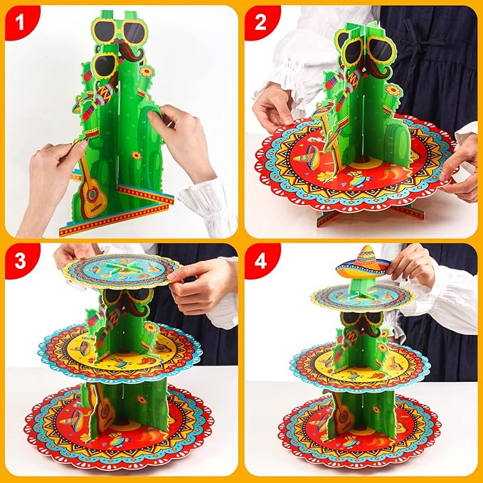 Fiesta Party Decorations - 3 Tier Mexican Birthday Party Cupcake Stand & Topper - Cactus Fiesta Cupcake Holder Display - Cinco De Mayo & Baby Shower Supplies