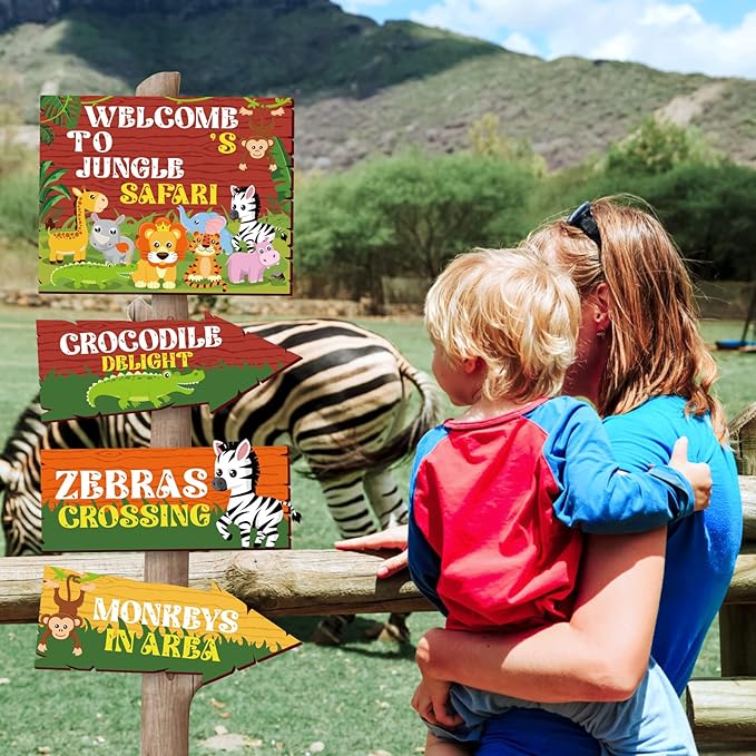 Hooqict 20 Pieces Safari Party Sign for Welcome to Jungle Safari Theme Party Decorations Directional Signs Classroom Wild Animal Birthday Party Decorations Zoo Party Supplies
