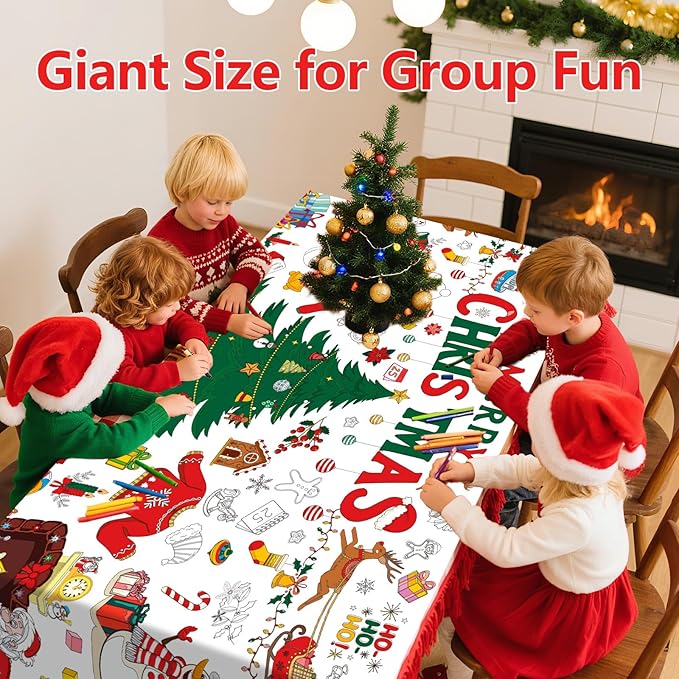 AinDen Giant Christmas Coloring Poster Tablecloth for Kids, 30×72 Jumbo Holiday Coloring Banner, Xmas Crafts & Activities for Parties, Classrooms, Kids Gifts