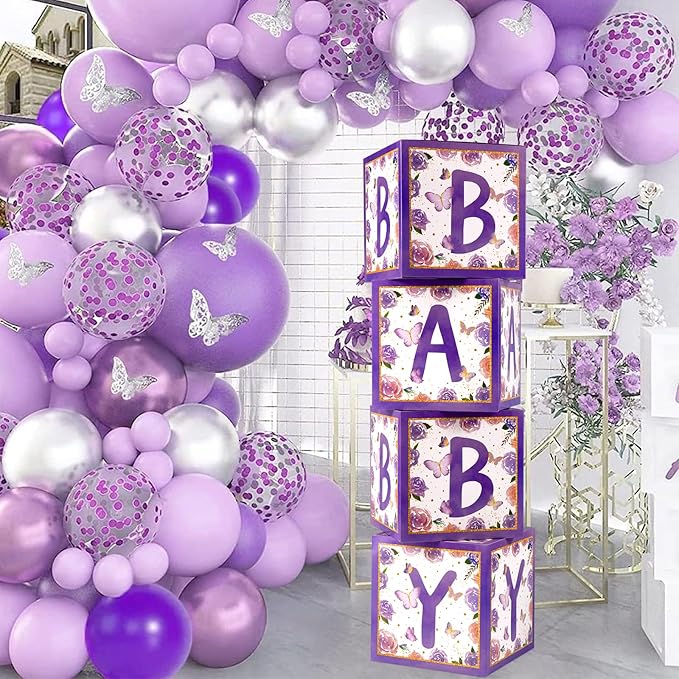 Baby Boxes with Letters for Baby Shower, 4pcs Butterfly Balloon Boxes with Letters for Gender Reveal Birthday Wedding Baby Shower Decorations(Purple)