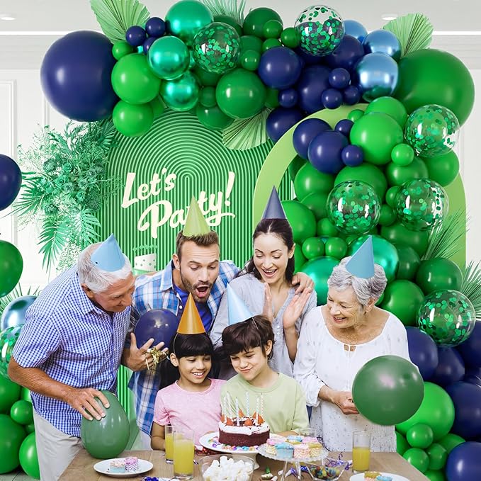 124pcs Blue and Green Balloon Arch Kit, Metallic Blue and Green Balloons with Confetti for Baby Shower Birthday Party Decoration