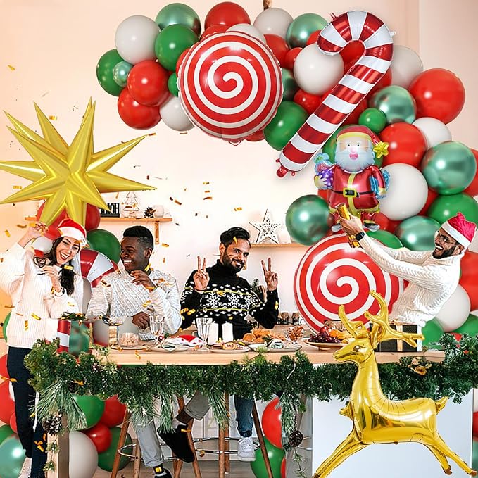 Christmas Balloons Garland Arch Kit Red White Green Xmas Decoration Balloon with Candy Gingerbread Elk Santa Claus Merry Christmas Foil Balloons for New Year Winter Holiday Christmas Party Decorations