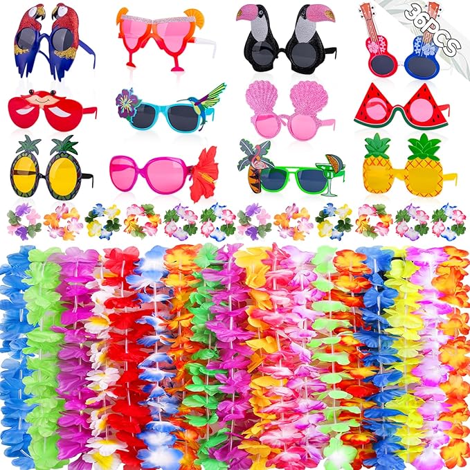 36 PCS Hawaiian Beach Tropical Party Decorations, Fun Summer Kids Party Favors with Luau Sunglasses and Hawaiian Leis Necklaces Bracelets for Beach Pool Themed Party Supplies Decoration