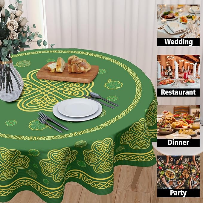 St. Patrick's Day Round Tablecloth 60 Inch Leaf Clover Pattern Circle Table Cloth Green Shamrock Table Cover Washable Polyester Indoor Decorations for Home Kitchen Dinning Party