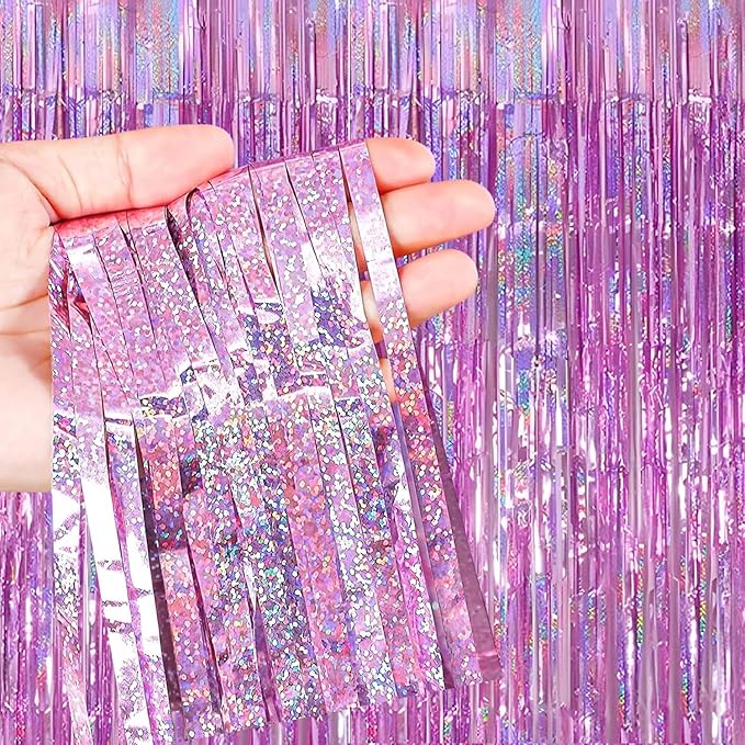 3 Pack Foil Curtain Backdrop 3.3x6.6 ft Tinsel Fringe Curtains for Parties Metallic Streamers Photo Booth Props,Wedding & Birthday,Holiday Decorations Disco,Bachelorette,Door Hanging Decor (Pink)