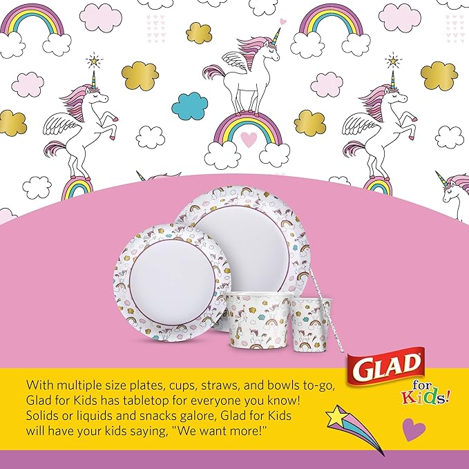 Glad for Kids Unicorn Theme Kids Plates, Heavy-Duty Round Disposable Paper Plates with Soak-Proof Coating, Microwave Safe for Snacks & Meals, Cute Unicorn Print, 8.5 Inch, 20 Count