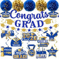 Graduation Decorations 2026, Glitter Congrats Grad Banner Hanging Swirls and Tissue Pom Poms, Blue and Gold Graduation Decorations 2026 for Class of 2026 College Graduations Party Decorations