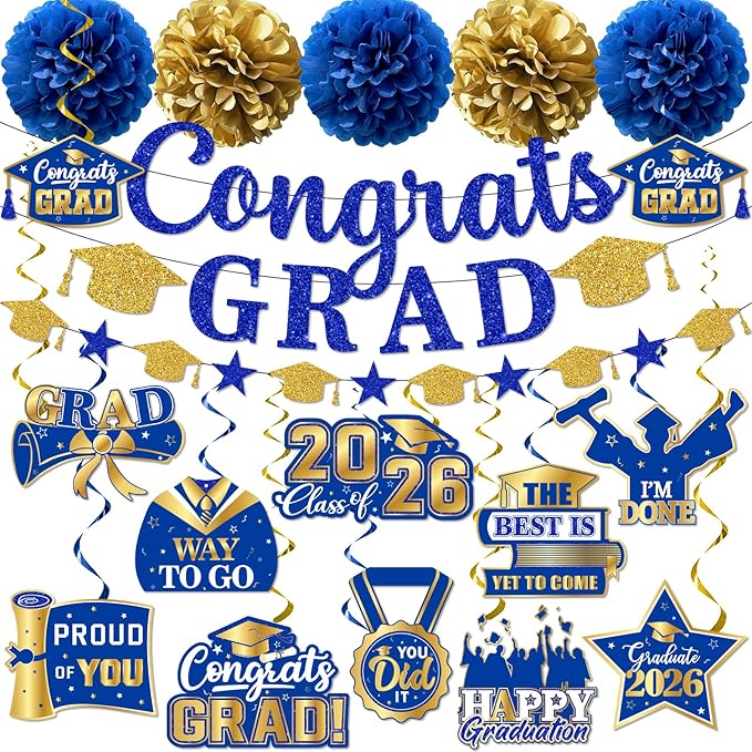 Graduation Decorations 2026, Glitter Congrats Grad Banner Hanging Swirls and Tissue Pom Poms, Blue and Gold Graduation Decorations 2026 for Class of 2026 College Graduations Party Decorations