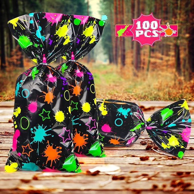 Epakh 100 Pack Neon Candy Bags Goodie Plastic Colorful Treat Glow in The Dark Party Supplies Favor Bags Neon Gift Wrap with Silver Twist Ties for Glow Birthday Party Decor