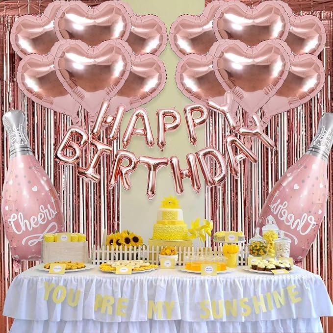 Rose Gold Balloons Foil Curtains 29 Pcs Rose Gold Party Decor Rose Foil Helium Wine Balloons Boy Birthday Party Decorations for Girls Women Party Supplies