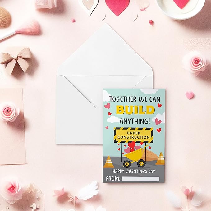 Pawzity 36 Packs Valentines Day Cards for Kids - Construction Valentines Day Gifts for Kids Classroom School Party Favors Boys Toddlers - 3.2''x 4.7'' Construction Excavator Card & Envelopes, Stickers
