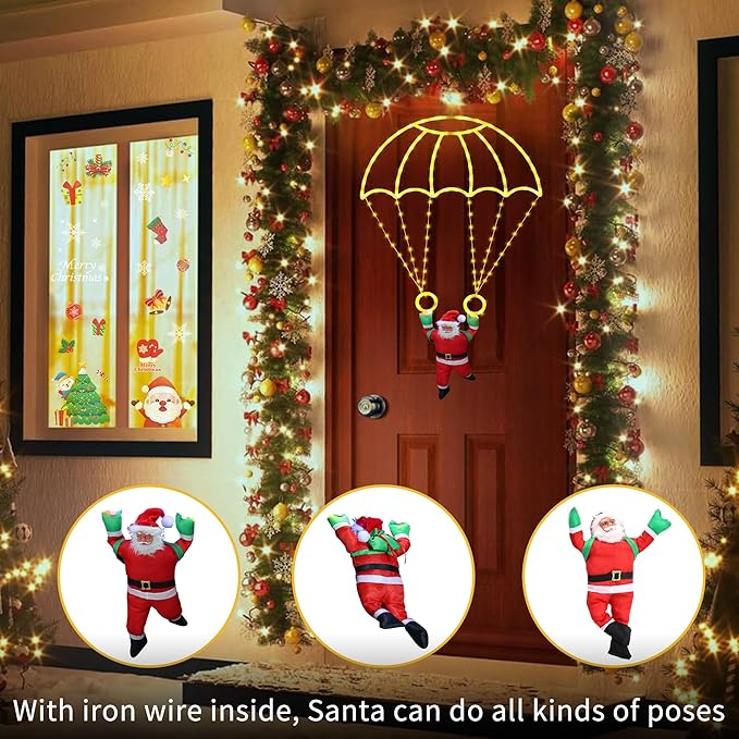 Toodour Christmas Decorations Lights Outdoor, 2.8FT Christmas Parachute Lights with Santa Claus, Waterproof 8 Modes Hanging Warm White Xmas Light - Holiday Decorative Light for Indoor Eave Roof