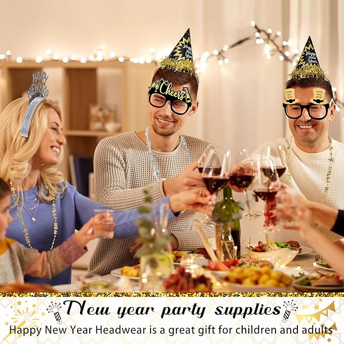 60 Pcs 2026 New Years Eve Party Supply Decor Kit Happy Headband Bulk Glass Cone Hat Necklace Blowout for New Years Favor
