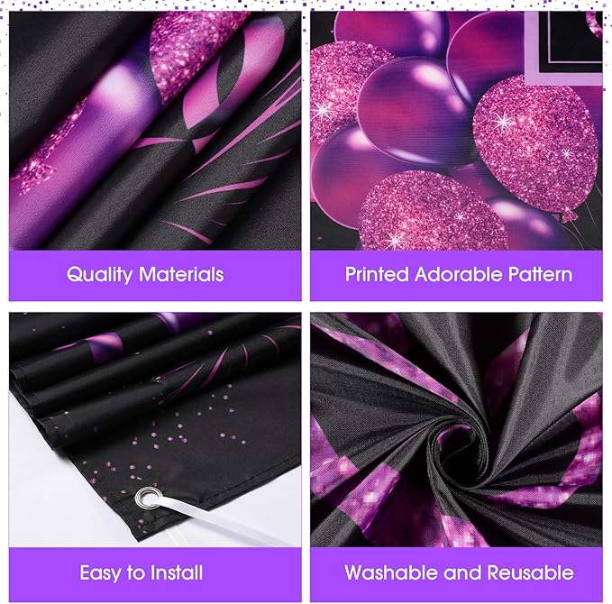 Blulu Happy Birthday Backdrop Banner Sign Poster Large Fabric Glitter Balloon Fireworks Sign Photo Backdrop Background for Birthday Party Decoration Supplies, 72.8 x 43.3in(Black and Purple)
