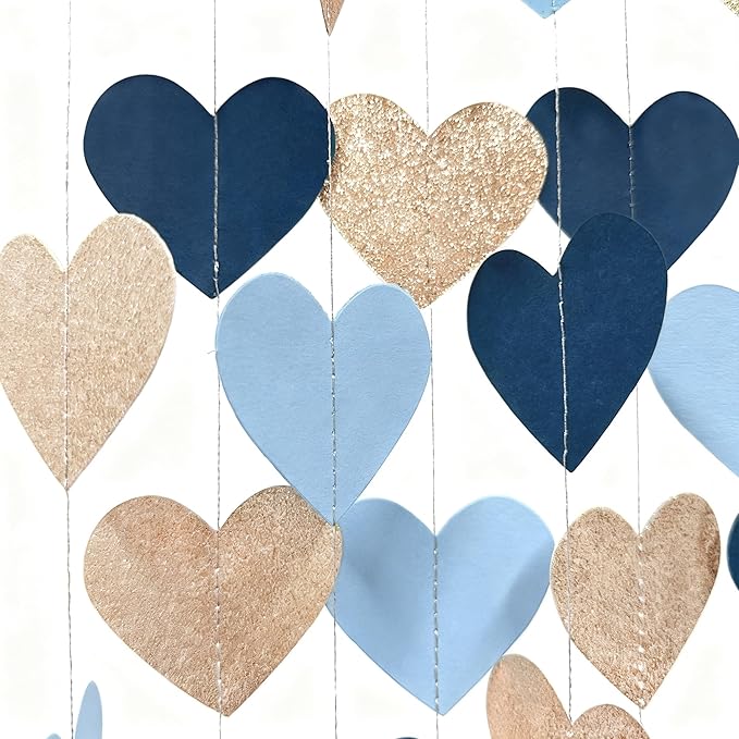 Navy Blue Champagne Gold Heart Party Decorations Glitter Paper Champagne Gold Dusty Blue Love Heart Hanging Garland Banner Streamer for Baby Shower Birthday Anniversary Valentines Day Wedding Party