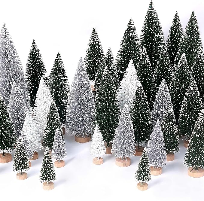 30Pcs Mini Christmas Trees Artificial Christmas Tree Bottle Brush Trees with Wooden Base for Christmas Decor Party Home Table Craft Decorations(Green+Silver+White)
