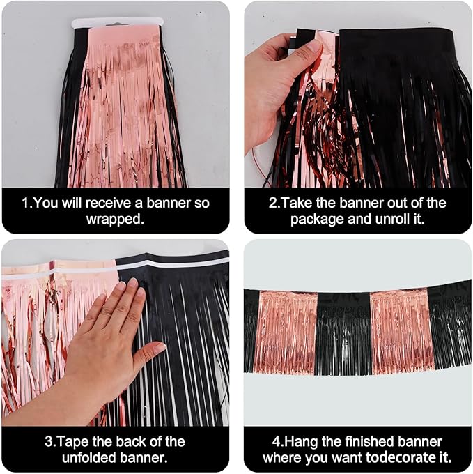 BEISHIDA 3 Packs Metallic Foil Fringe Garland Black Rose Wall Hanging Tinsel Fringe Banners for Car Floats Bridal Shower Wedding Birthday Graduation Holiday Party Decoration(30 Feet)