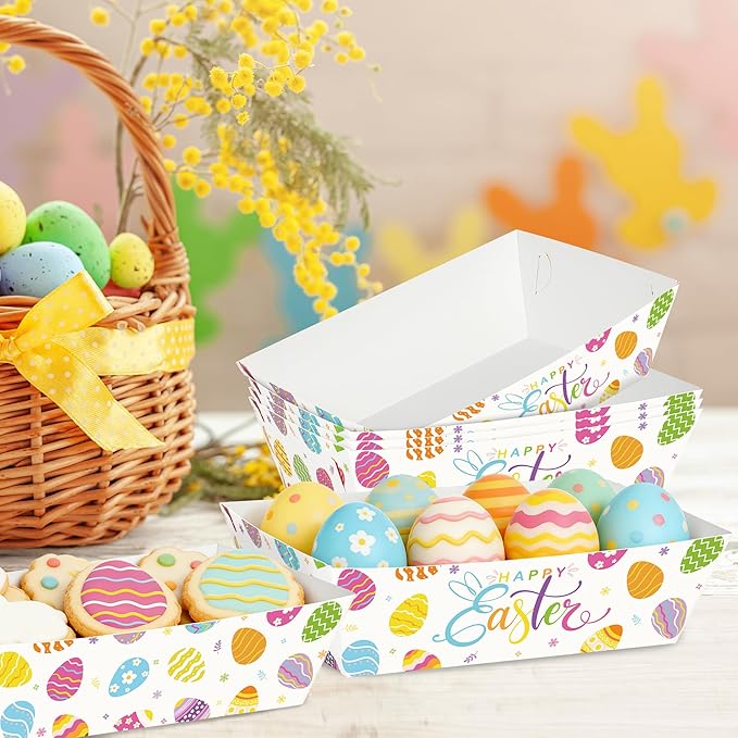 100 Pcs Easter Food Trays, Happy Easter Decor Serving Trays, 2 Style Disposable Paper Spring Decor, Large Multicolor Egg Decoration for Party Table Supplies for Snack Food, 5.94 X 3.34 X 2.16 Inches