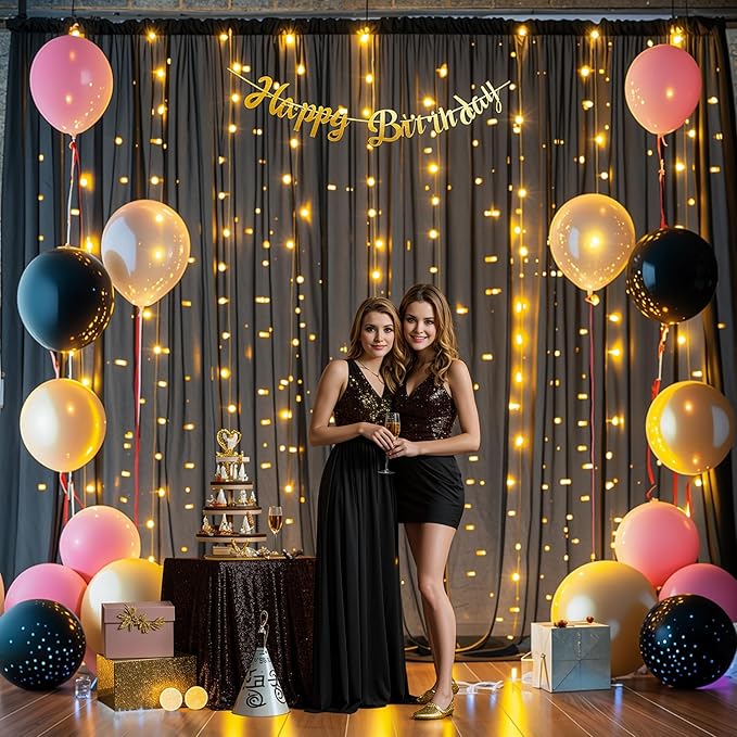 10x10ft Black Chiffon Backdrop Curtain with Lights String for Wedding Sheer Tulle Curtain Photo Backdrops Drapes for Baby Shower Birthday Party Home Ceremony Decorations