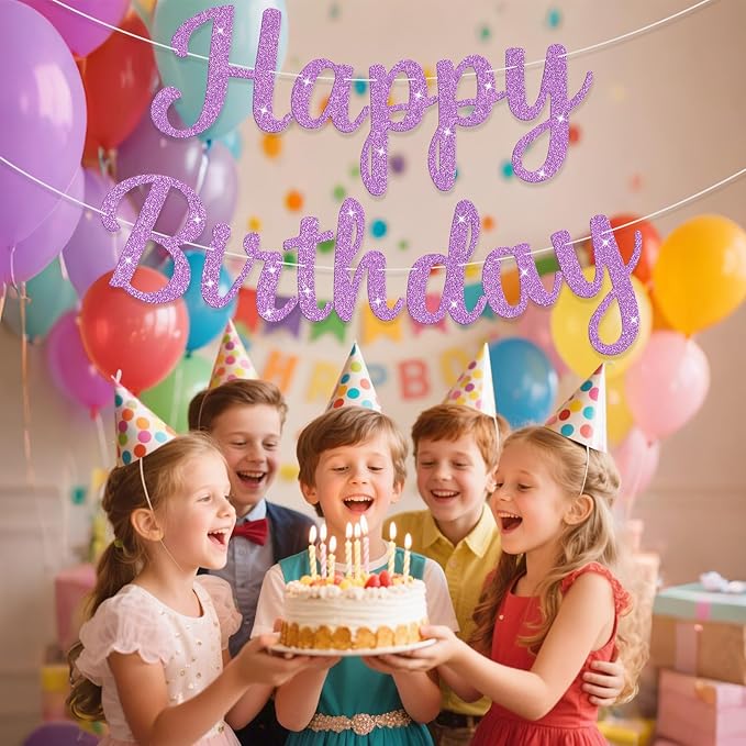 Glitter Happy Birthday Banner Sign Birthday Garland Wall Door Banners Flag for Women Men Boys Girls Party Backdrop Decorations Light Purple