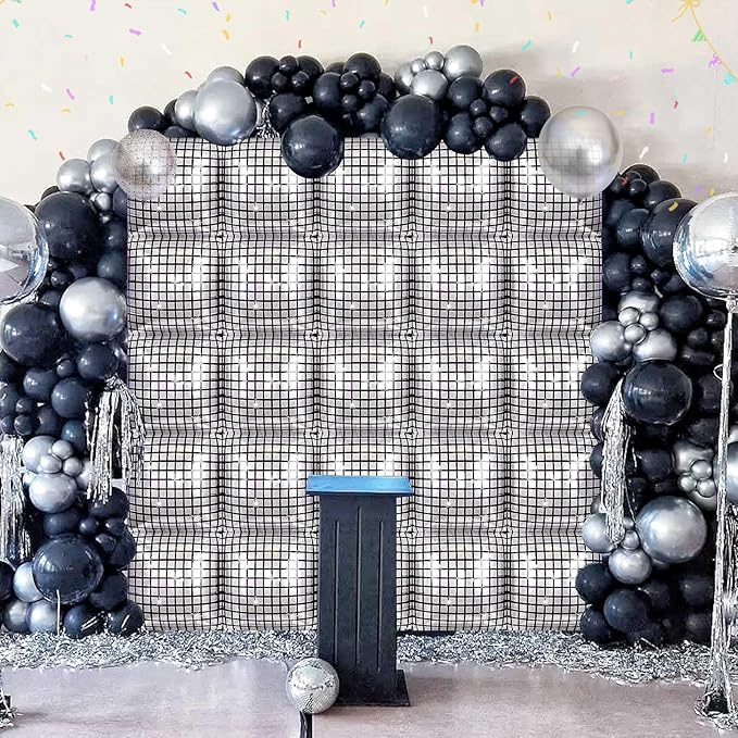 Silver Disco Square Foil Balloons Wall, 25PCS Double Sided Shiny Metallic Silver Square Balloon Backdrop Tunnel Arch Kit Background Decor for Retro 70s 80s 90s Disco Birthdays New Year Graduation