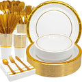 AIRE 350PCS White Gold Paper Plates Party Supplies Dinnerware Sets for 50 Guests, Disposable Paper Party Plates Napkins, Gold Plastic Forks Knives Spoons Cups for Wedding Birthday BBQ Parties