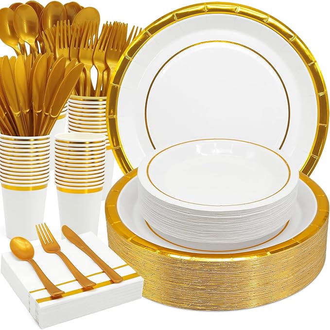 AIRE 350PCS White Gold Paper Plates Party Supplies Dinnerware Sets for 50 Guests, Disposable Paper Party Plates Napkins, Gold Plastic Forks Knives Spoons Cups for Wedding Birthday BBQ Parties