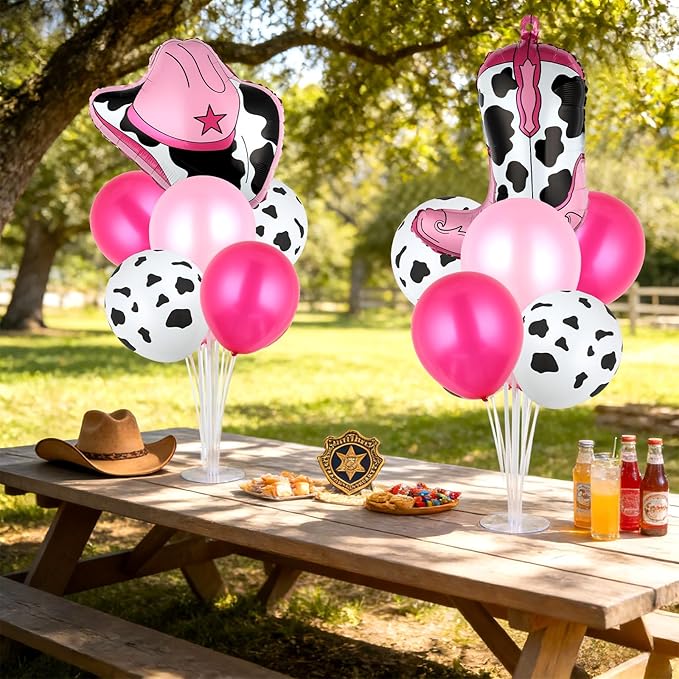 Cowgirl Party Balloons Stand Kit 2 Sets with Cowboy Hat and Cowboy Boots Foil Balloons Centerpieces for Tables Western Party Pink Balloon for Baby Shower Western Cowgirl Theme Birthday Decorations