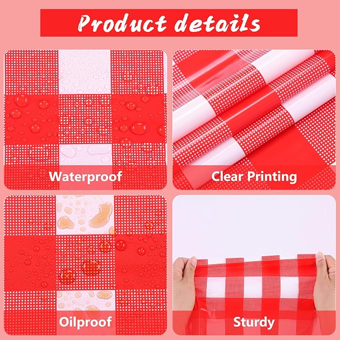 Kesfey 8 Packs Red and White Checkered Tablecloths 54 x 108 Inches Disposable Rectangle Red Gingham Table Cloth Waterproof Plastic Picnic Party Plaid Tablecovers for Picnic BBQ Family Outings