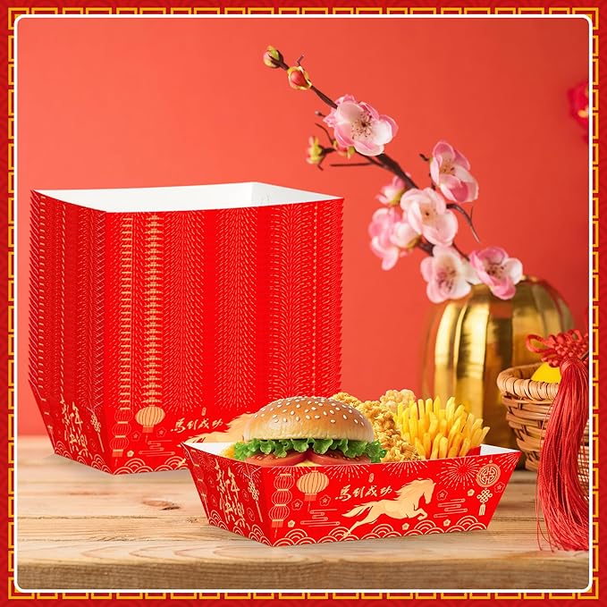 50 PCS Chinese New Year Decorations 2026, Spring Festival Food Paper Trays, Disposable Chinese New Year Candy Trays Food Boats, Year of The Horse Decorations for Taco Burger Popcorn