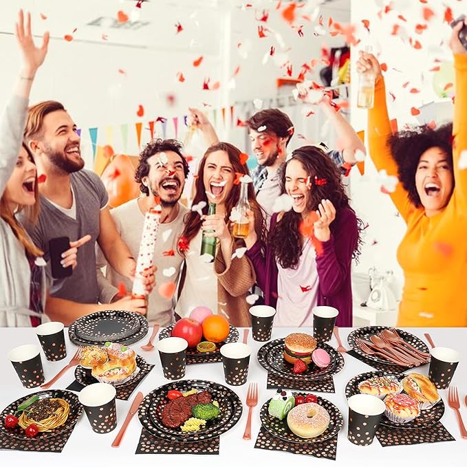 175 Pcs Black and Rose Gold Party Supplies, Disposable Party Dinnerware Gold Plastic Forks Knives Spoons Black Rose Golden Dot Plates Cups Napkins for Birthday Wedding Serves 25