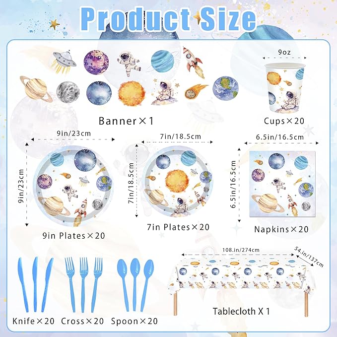142PCS Space Themed Paper Plates Party Supplies Decorations, Birthday Paper Plates First Trip Around The Sun Astronaut Planet Cake Plate Tableware Dinner Set for Boys Girls Birthday Shower Forks