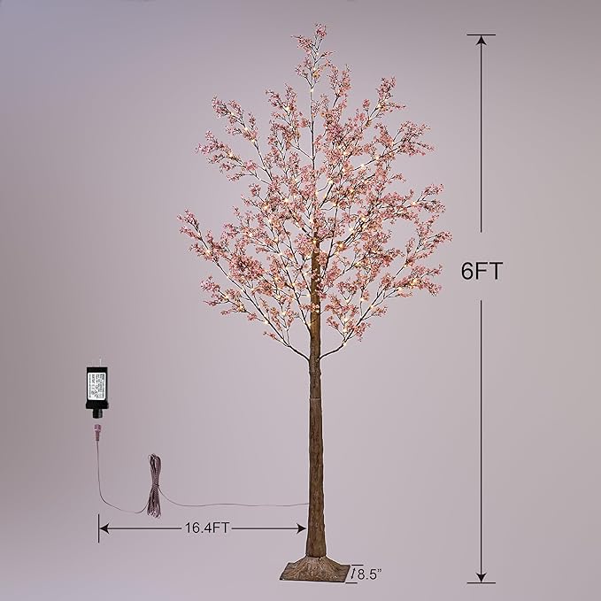 LIGHTSHARE 6FT Lighted Cherry Blossom Tree with 171 LED Warm White Lights, Artificial Sakura Tree with Dimmable Timer Transformer, Indoor Outdoor Decorative Tree with Ground Stakes