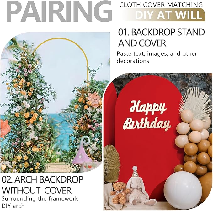 Arch Backdrop Stand and Cover Set, 3 Metal Balloon Arch Backdrop 4ft 5ft 6ft, Gold Arched Stand Frame for Wedding, Parties,Birthday, Backdrop Decorations (Red,4ft+5ft+6ft)