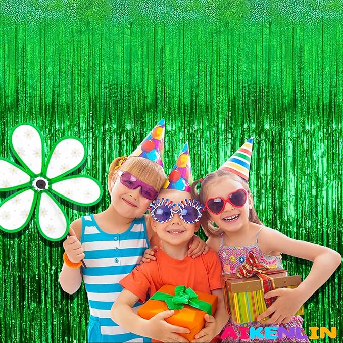 4 Pack 3.2Ft x 8.2Ft Green Foil Fringe Curtain Backdrop, Metallic Tinsel Foil Fringe Streamers Curtains Background for Photo Booth, Birthday, Wedding, Disco, Bachelorette, Christmas Party Decoration