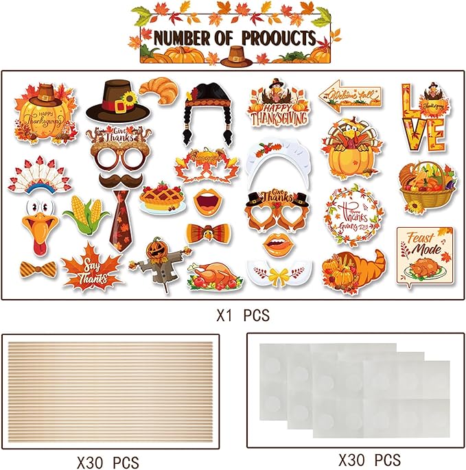 30 pcs Thanksgiving Photo Booth Props Funny Turkey Day Kits DIY Selfie Props with Stick for Fall Thanksgiving Day Party Decoration Favors