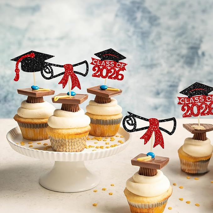 Gyufise 24Pcs 2026 Graduation Theme Cupcake Toppers Glitter Diploma Graduation Cap Cupcake Picks Class of 2026 Cake Decorations for 2026 Grad Theme Party Supplies Black Red