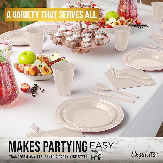 350 Pcs Ivory Plastic Plates For Party, Ivory Disposable Plates Set, 50 Of Each 9" Dinner Plate Set, 7" Dessert Plate, Cups, Napkins & Cutlery Plastic Dinnerware Set Exquisite