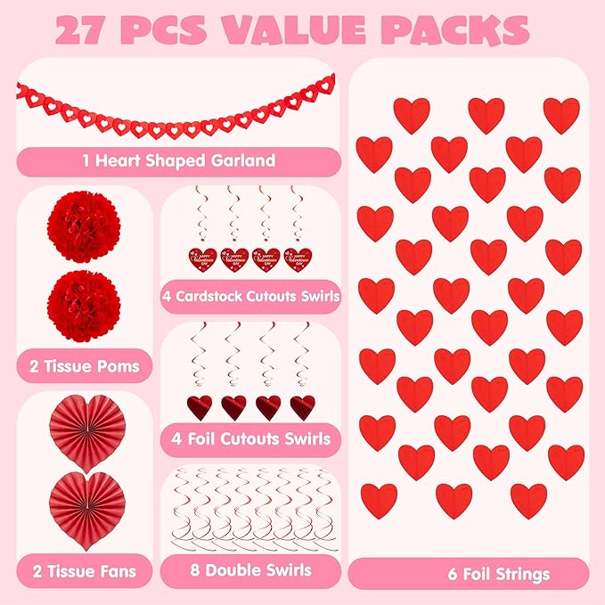 JOYIN 27 Pieces Valentines Day Swirl String Cutout, Decoration Kit with Heart Shaped Garland, Tissue Fans,Tissue Poms, Heart String, Double Swirls and Other for Valentines Party Wedding Anniversary