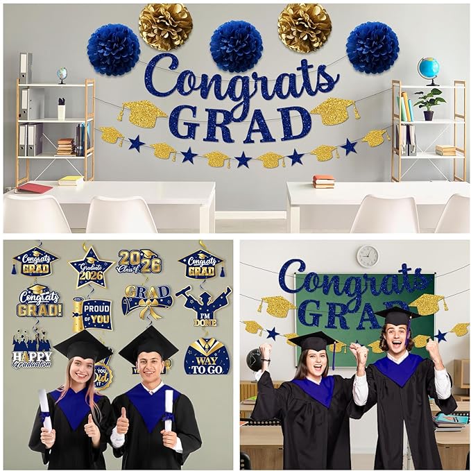 Navy Blue Graduation Decorations, Glitter Congrats Grad Banner Hanging Swirls and Tissue Pom Poms, Navy Blue and Gold Graduation Decorations for Class of 2026 College Graduations Party Decorations