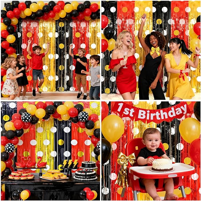 2 Packs Red Black Yellow Foil Fringe Curtain, Mouse Polka Dots Glitter Metallic Tinsel Backdrop for Birthday Baby Shower Cartoon Mouse Party Decorations Supplies