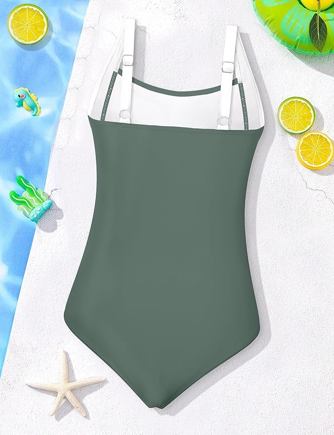 Girl Swimsuit One Piece Bathing Suit for Girls Solid Color Ruched Adjustable Straps Padded Swimwear 9-16y