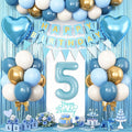 5th Birthday Decorations Blue White Gold,5th Birthday Balloons with Happy Birthday Banner Fringe Curtain Heart Foil Balloons for Boys Girls 5 Year Old Birthday Decor