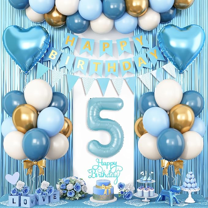5th Birthday Decorations Blue White Gold,5th Birthday Balloons with Happy Birthday Banner Fringe Curtain Heart Foil Balloons for Boys Girls 5 Year Old Birthday Decor