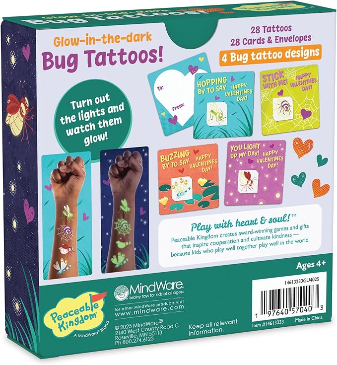 Valentine's Day Gift for Kids, Fun Party Favors for Classroom, Goodie Bag Stuffers - 28 Glow in the Dark Bug Tattoos
