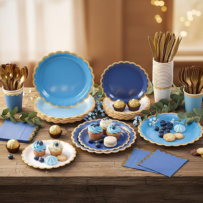 Mimorou 338 Pcs Blue Plates and Napkins Party Supplies for Guests Blue Tableware Include Scalloped Plates Paper Napkin Cup Spoon Fork Knife for Baby Shower, Wedding, Birthday